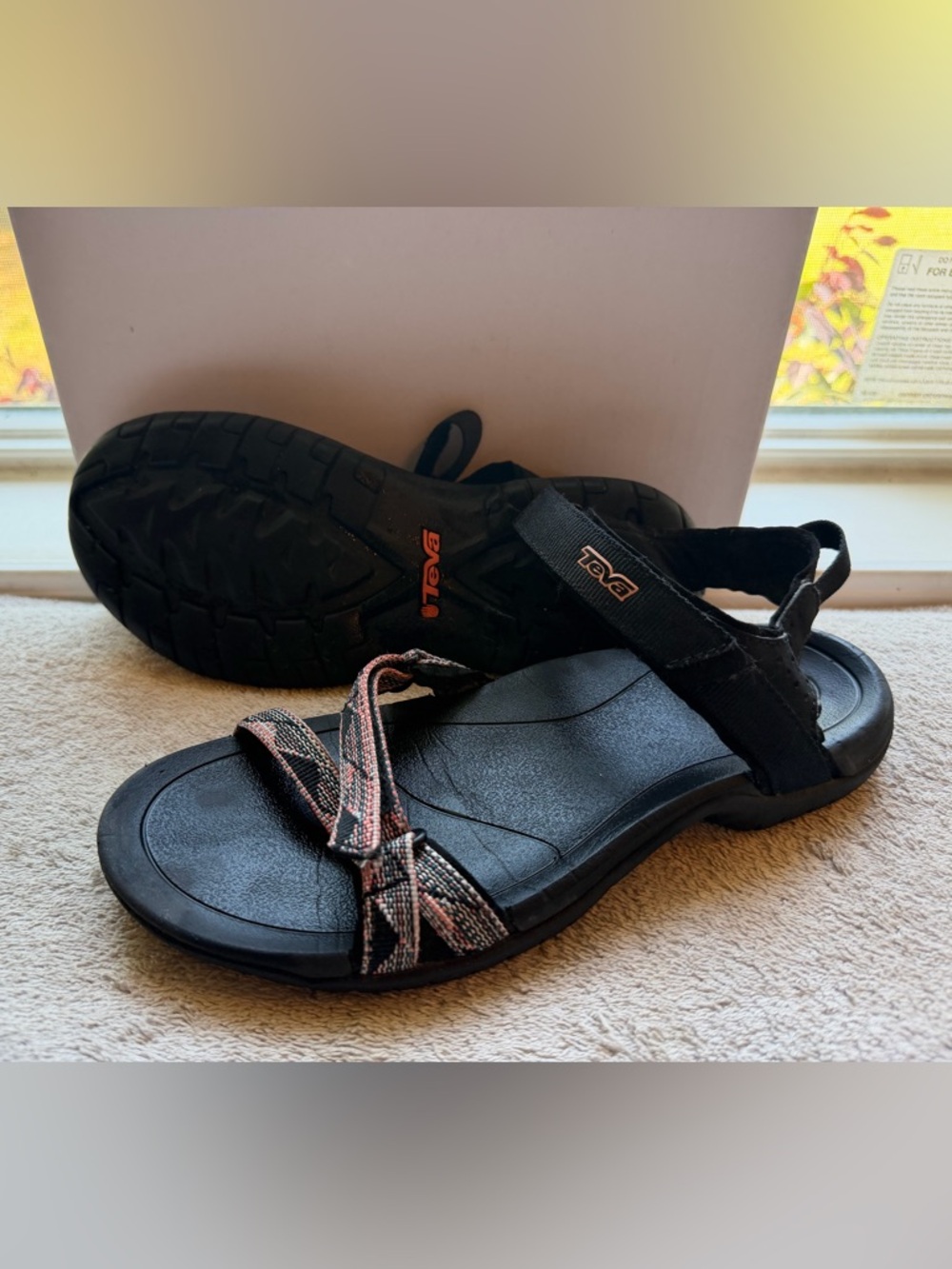 Teva Women's Black Sandals with Coral-Patterned Straps
